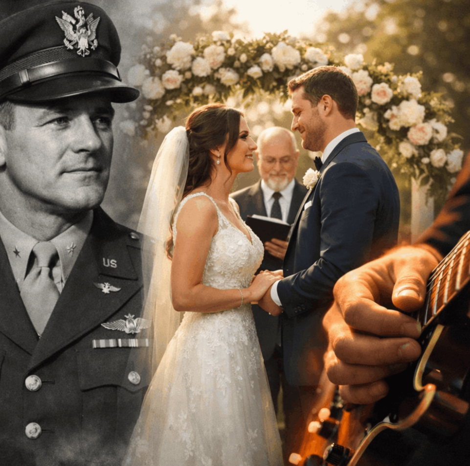 Emotional wedding ceremony portrait: bride in lace gown and groom in navy suit holding hands under a floral arch, overlaid with a transparent image of a US Air Force officer in dress uniform and a close-up guitar detail – cinematic wedding photography by Imaginarium Pictures, West Michigan
