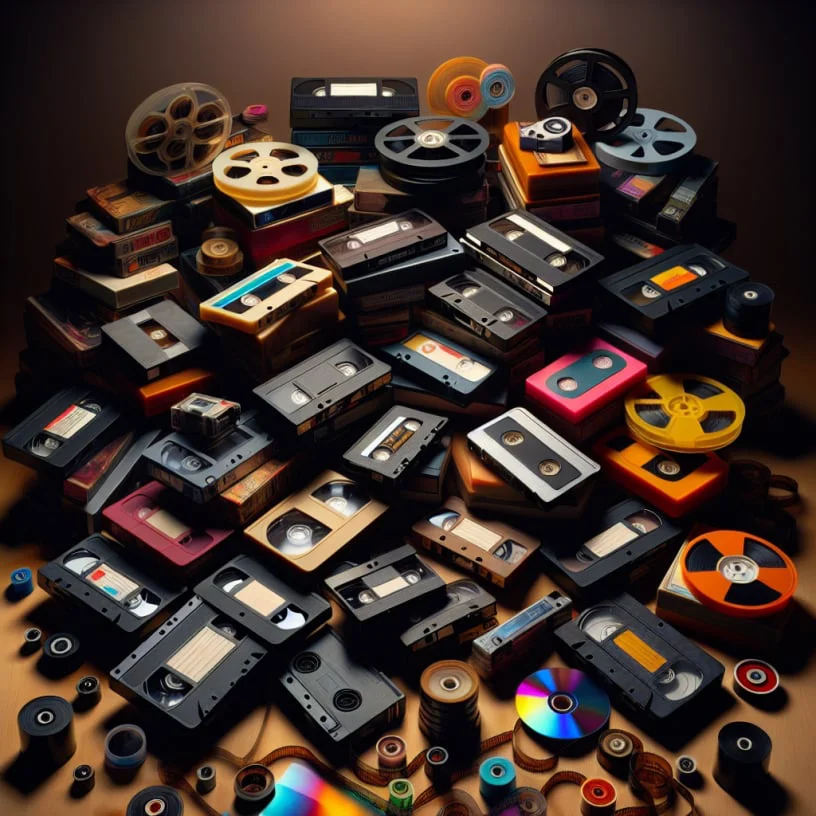 VHS tapes, 8mm reels, Hi8 cassettes, and 35mm slides awaiting transfer – Imaginarium Pictures memory digitization